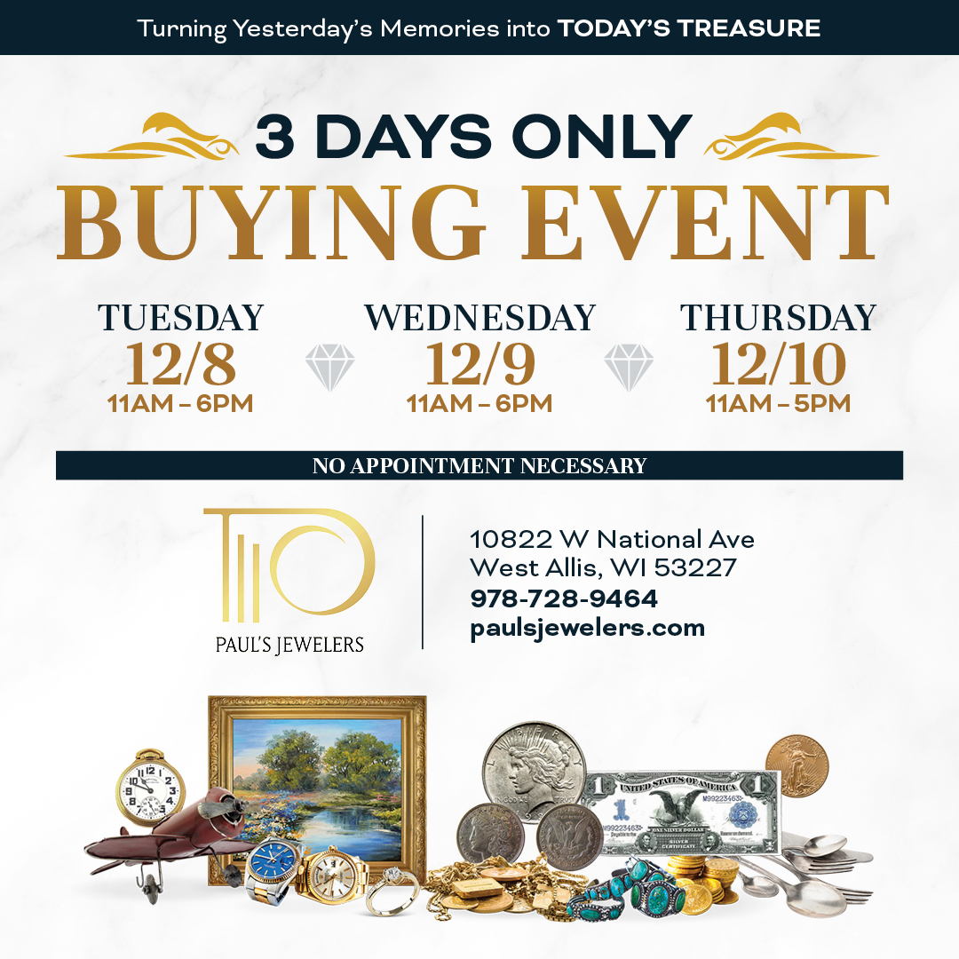 Paul’s Jewelers 3-Day Buying Event flyer featuring December 8–10 event dates, showroom hours, and items accepted for evaluation including jewelry, watches, coins, diamonds, fine art, and collectibles